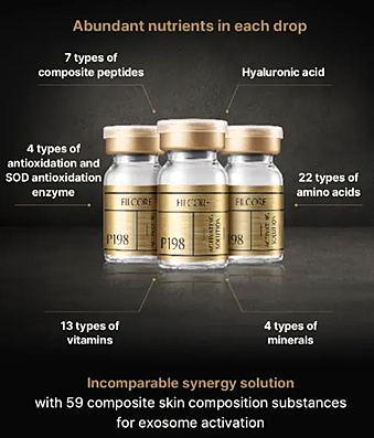 P198 ExoHealer ingredients — 7 peptides, hyaluronic acid, 22 amino acids, 13 vitamins, 4 minerals, antioxidants