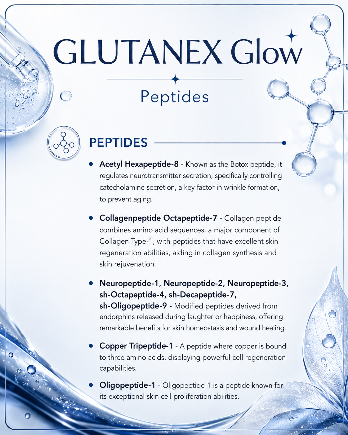 Glutanex Glow peptide complex: Acetyl Hexapeptide-8, Copper Tripeptide-1, Neuropeptides, and more